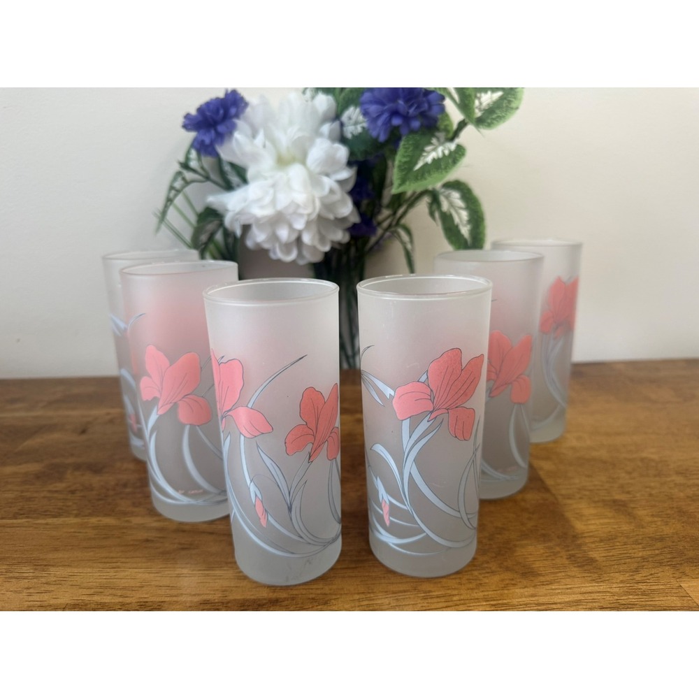 Vintage Duo Cerve Frosted Floral Highball Glass Italy Made Tom Collins Tumblers